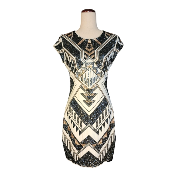 EXPRESS sequenced geometric design dress, black/Ivory/Gold, lined, size M - Picture 1 of 11